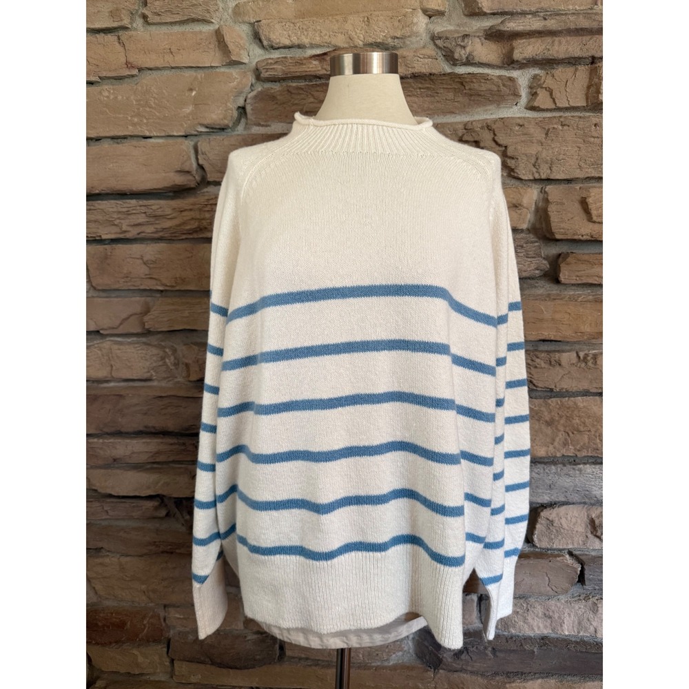 Eddie Bauer Ivory Blue Striped Mock Neck Sweater Womens XXL Raglan Sleeve NEW